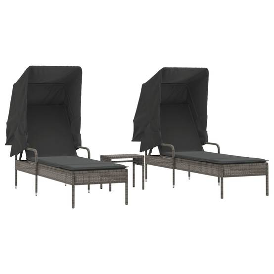 2 Lits de Soleil Auvent Intégré Résine Grise Table Basse Coussin Gris Foncé – ComfortXL Outdoor Living - Image 2