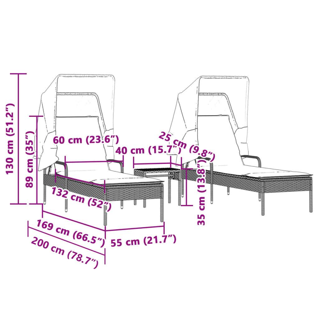 2 Lits de Soleil Auvent Intégré Résine Grise Table Basse Coussin Gris Foncé – ComfortXL Outdoor Living - Image 10