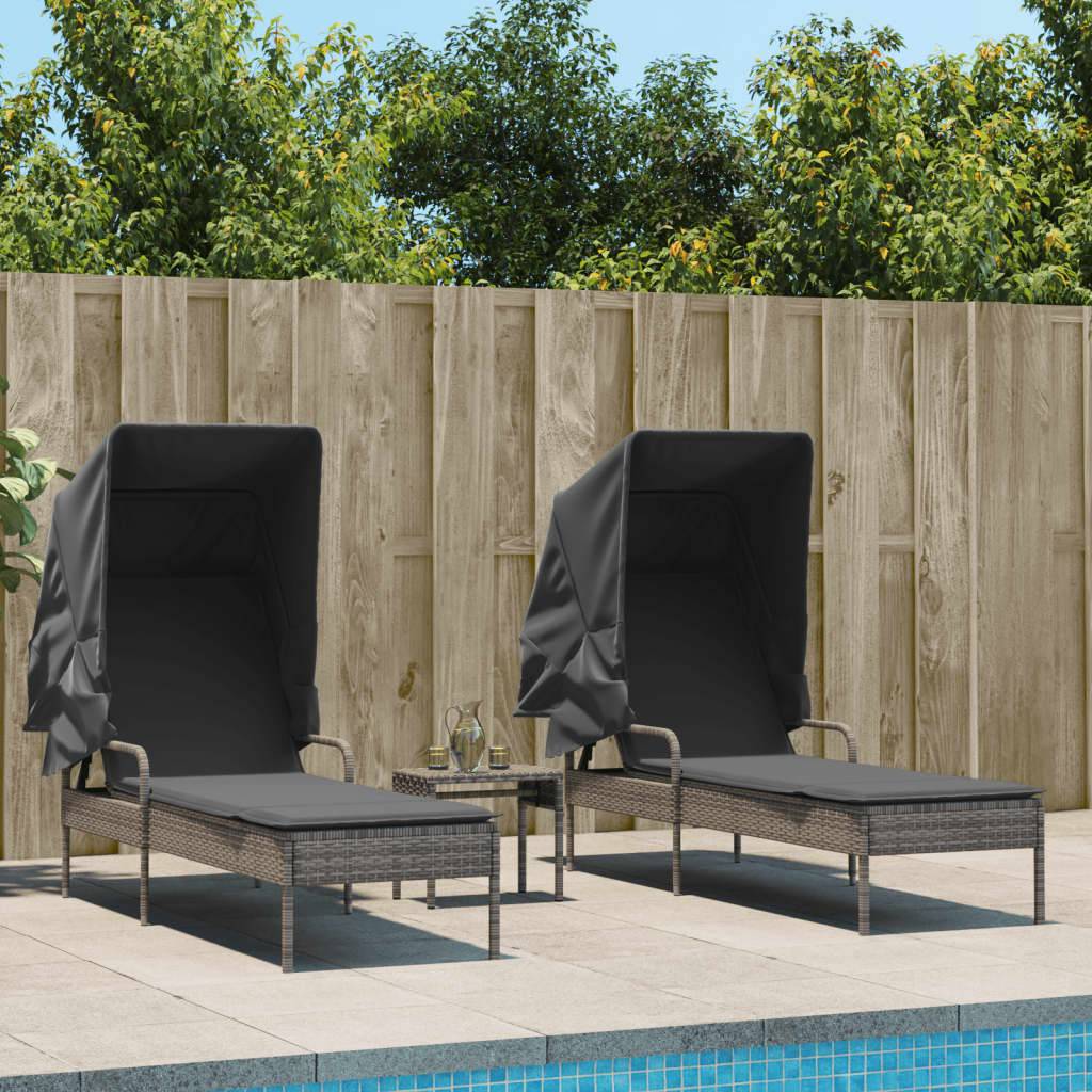 2 Lits de Soleil Auvent Intégré Résine Grise Table Basse Coussin Gris Foncé – ComfortXL Outdoor Living - Image 1