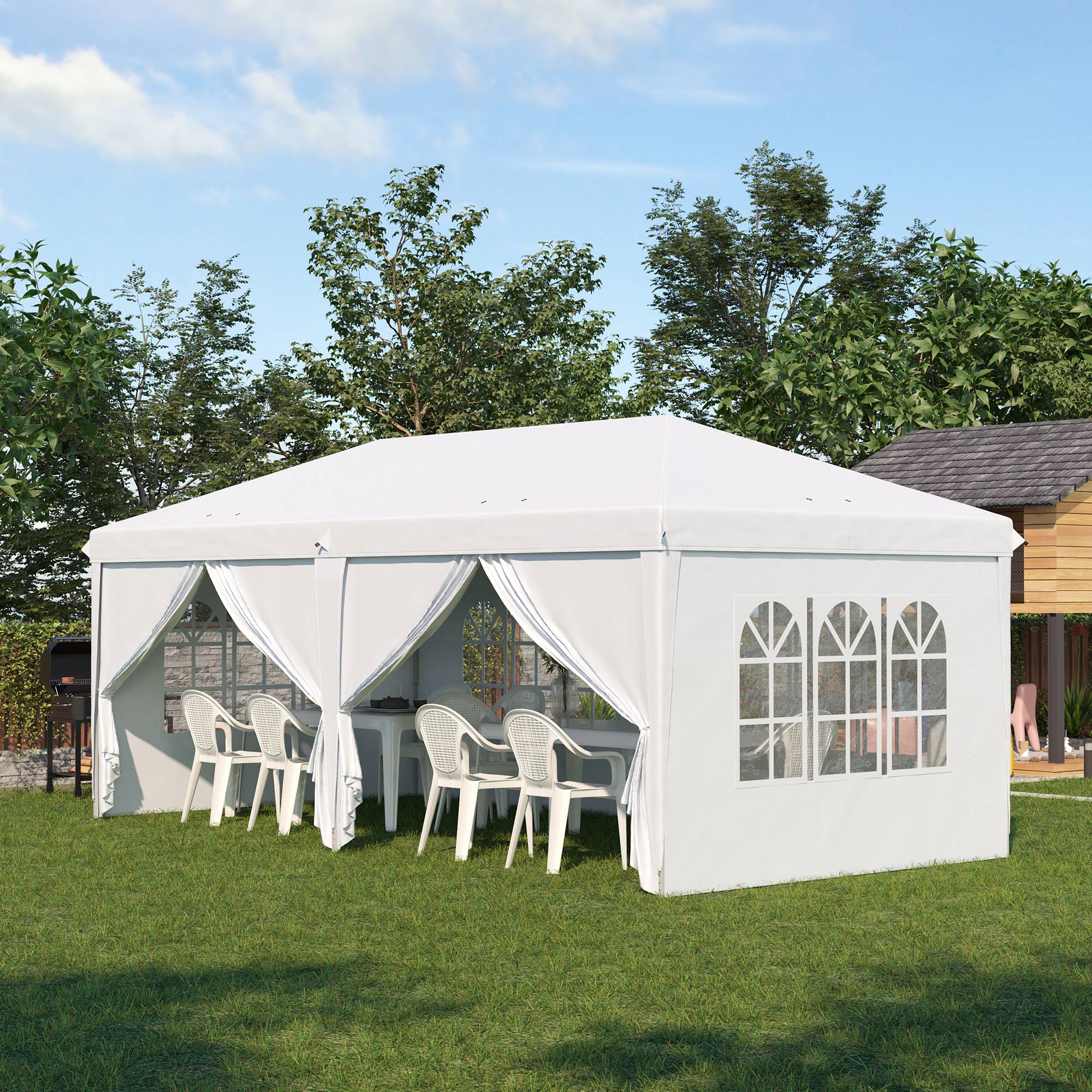 Gazebo pliant 5,85 x 2,95 m acier blanc anti-UV, parois latérales, fenêtres et portes zippées fêtes - Image 2
