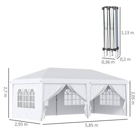 Gazebo pliant 5,85 x 2,95 m acier blanc anti-UV, parois latérales, fenêtres et portes zippées fêtes - Image 3