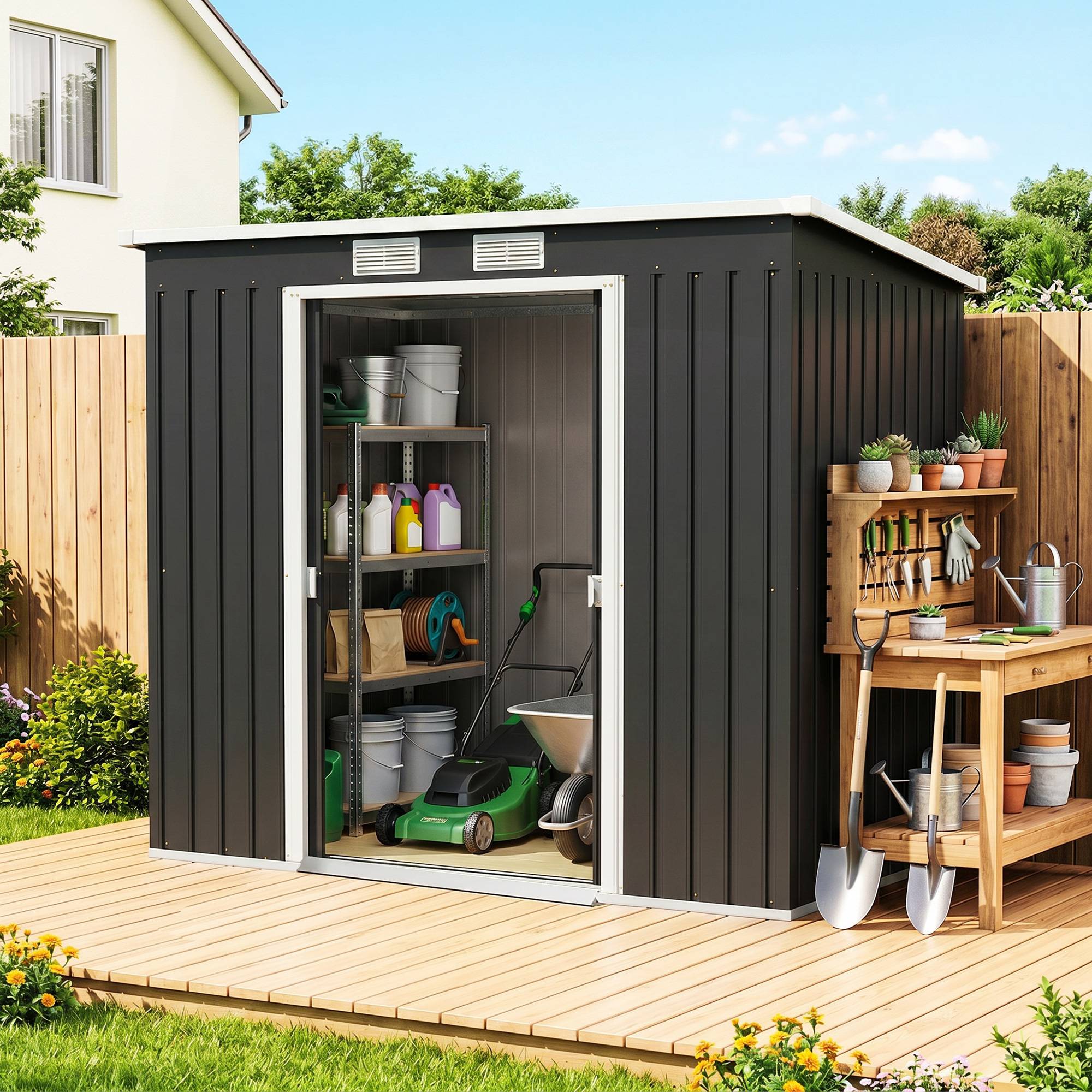 Abri de jardin acier galvanisé 2,77 m² 213x130x172 cm fondation porte coulissante ventilation gris foncé - Image 3