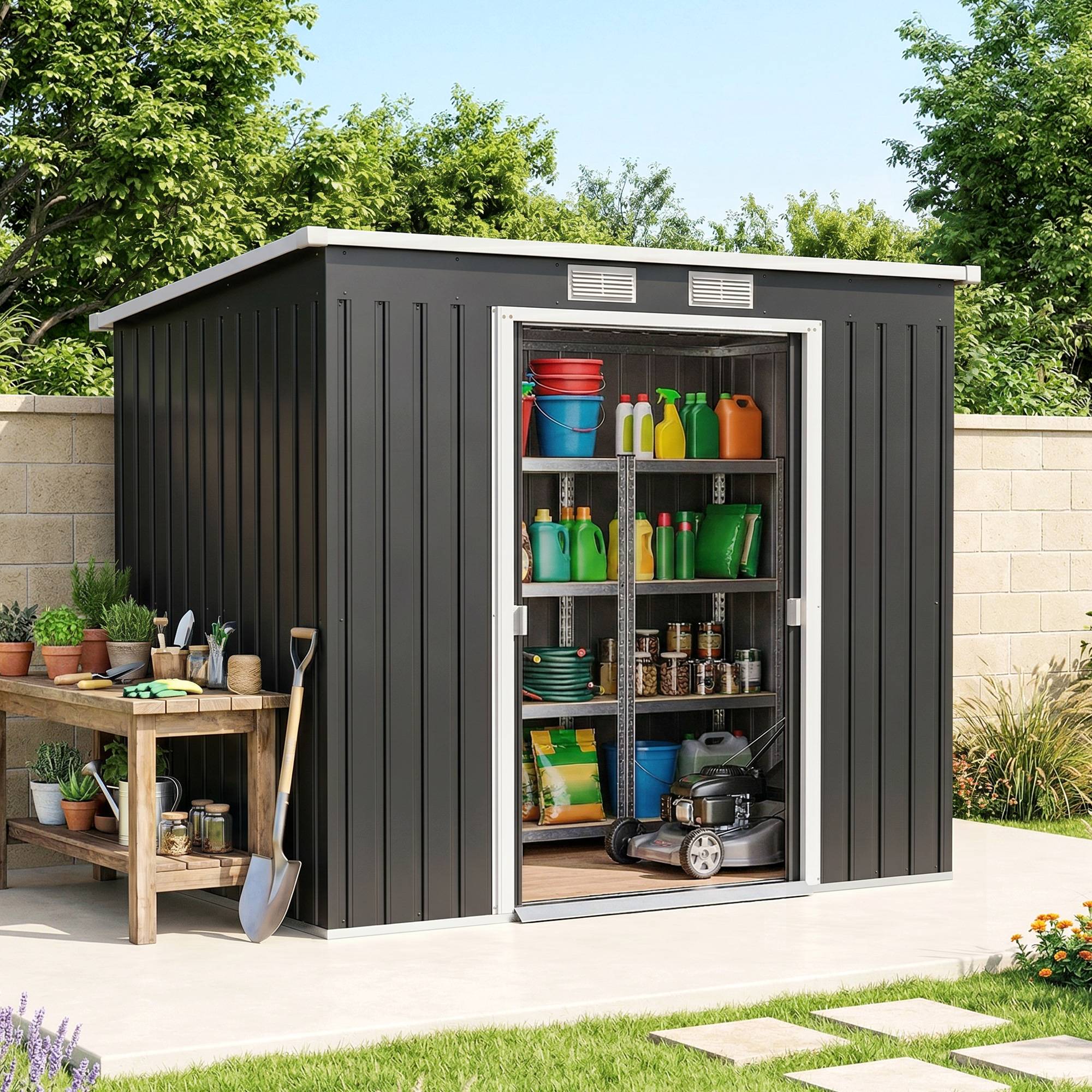 Abri de jardin acier galvanisé 2,77 m² 213x130x172 cm fondation porte coulissante ventilation gris foncé - Image 4