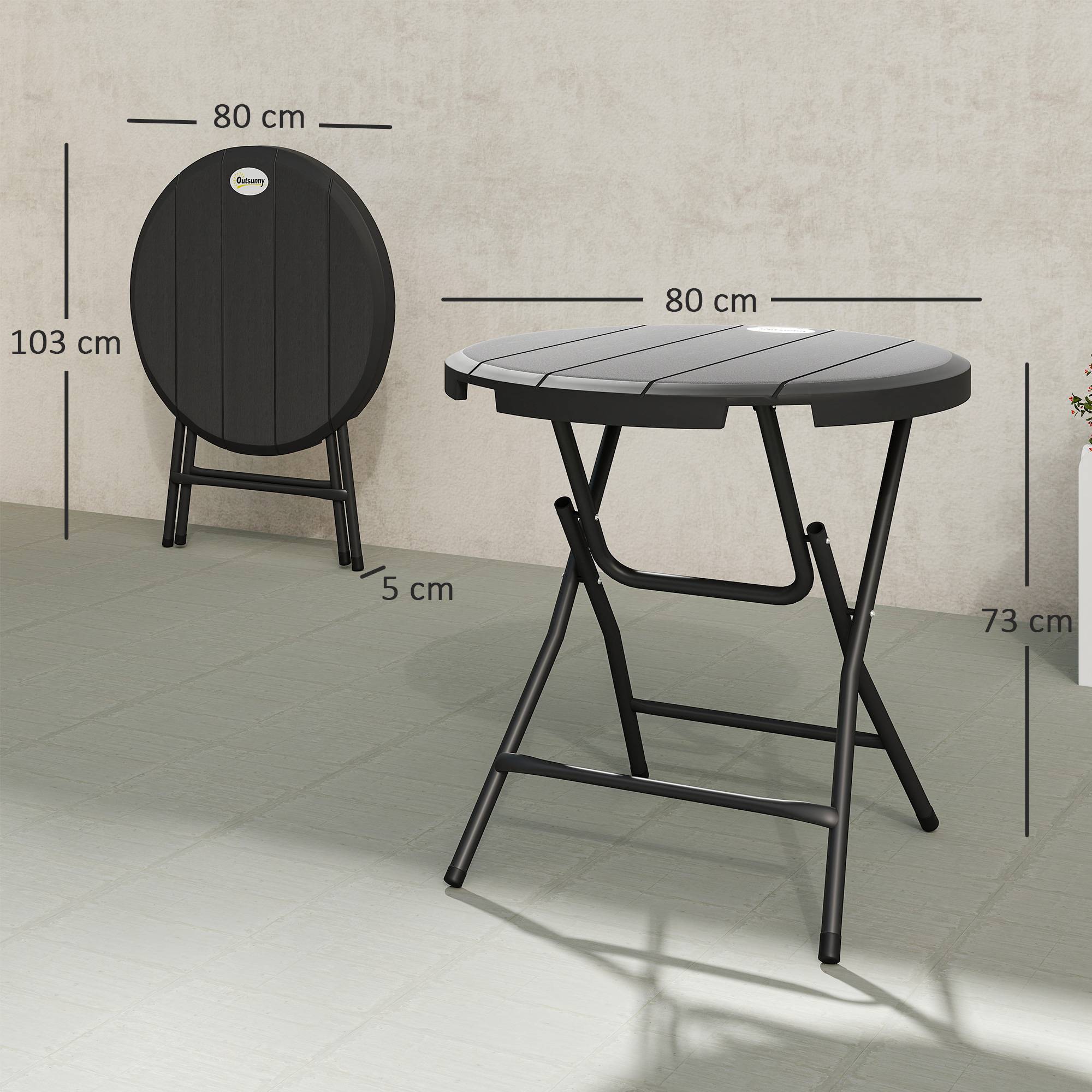 Table de jardin ronde et pliable pour 4 personnes, aspect bois, acier et plastique, gris foncé, 80 x 80 x 73 cm - Image 5