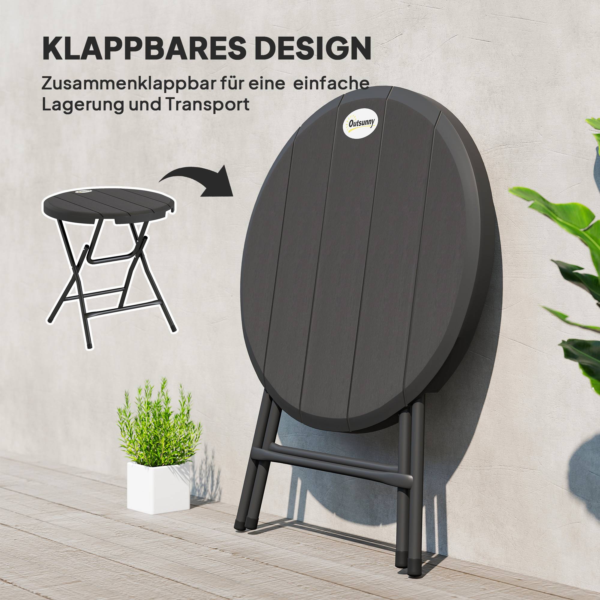 Table de jardin ronde et pliable pour 4 personnes, aspect bois, acier et plastique, gris foncé, 80 x 80 x 73 cm - Image 6
