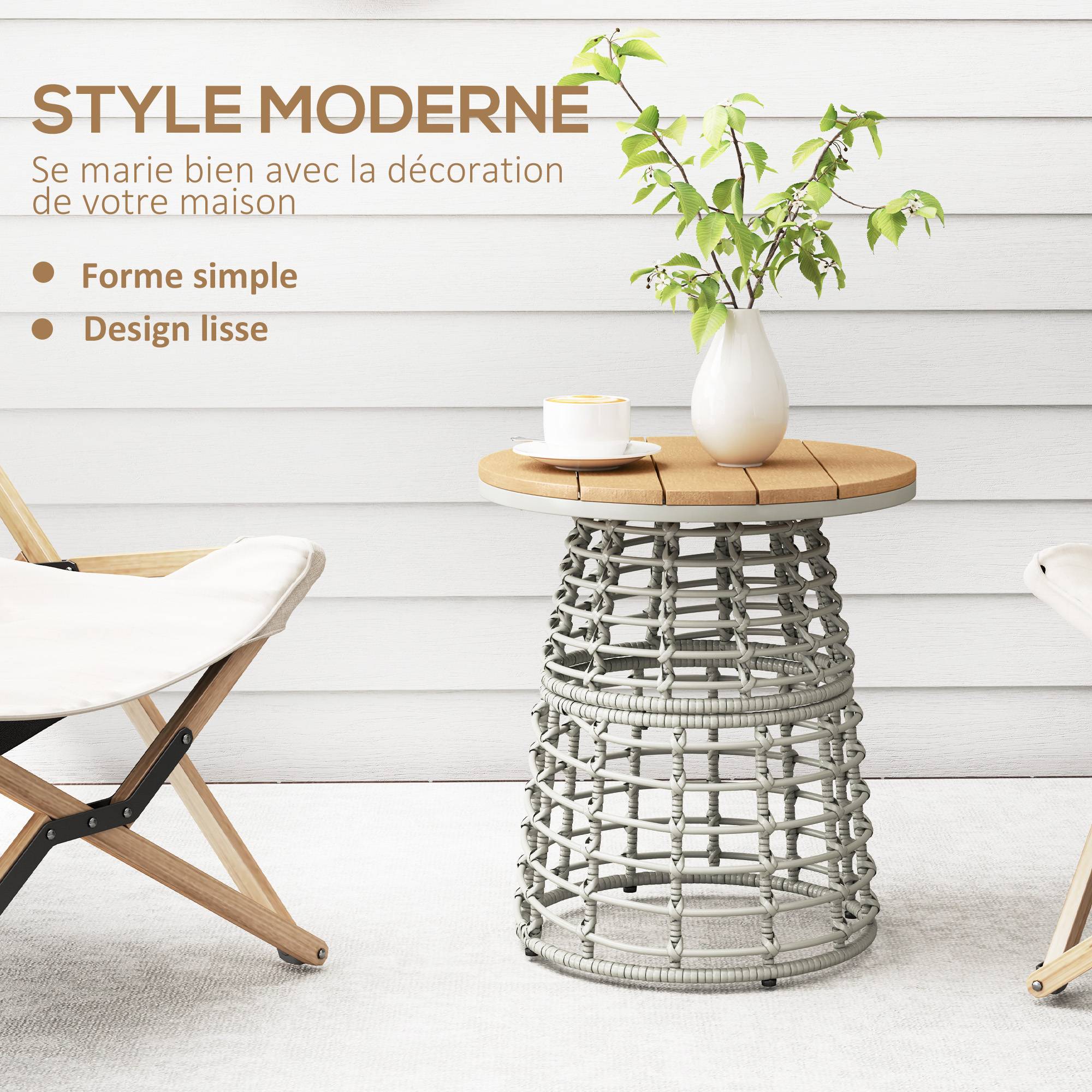 Table basse de jardin table d'appoint extérieur ronde en résine aspect rotin acier et plateau composite Ø45 x 50 cm gris - Image 6