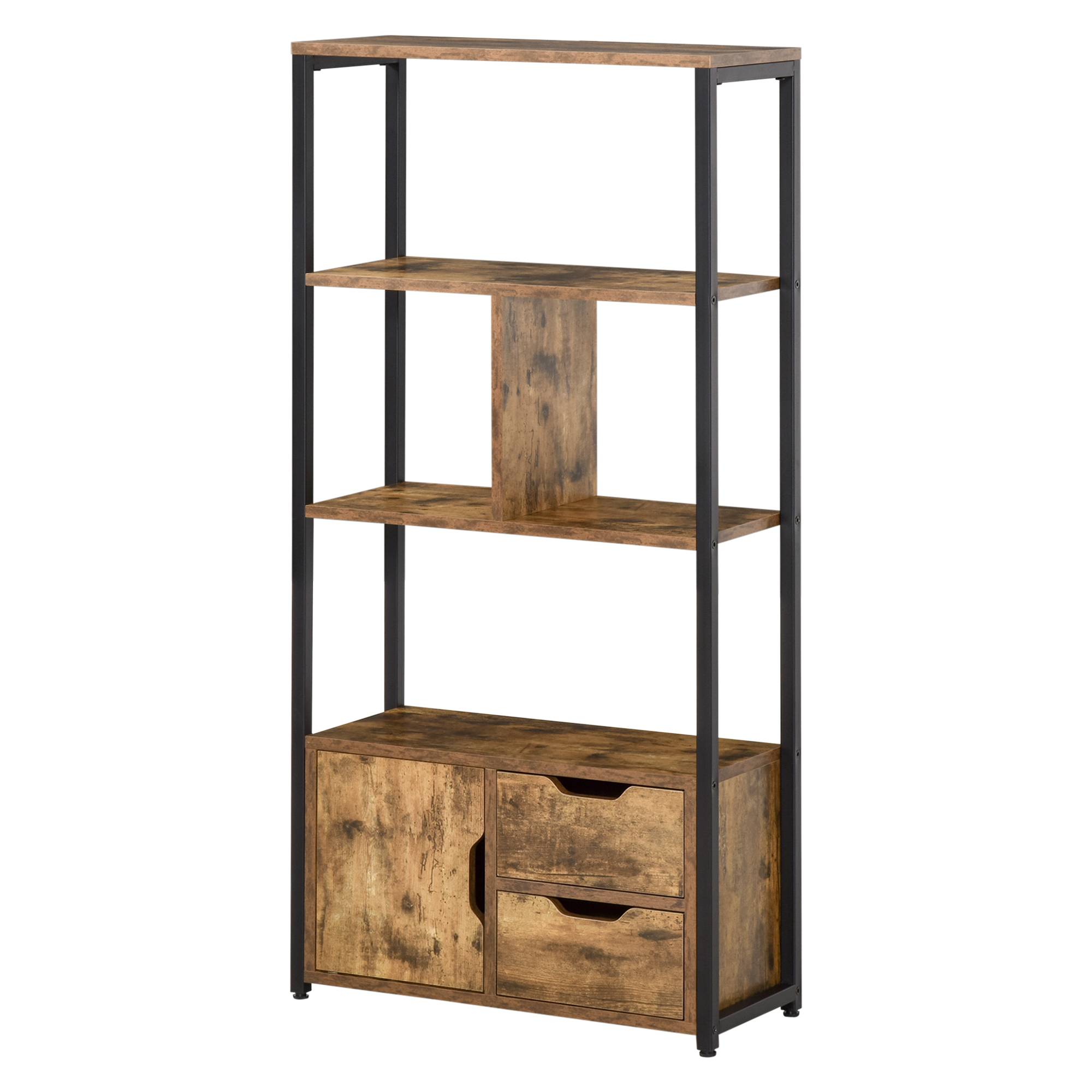 Sans Marque - Bibliothèque de style industriel avec armoire et 2 tiroirs pour livres et rangement, 58 x 24 x 122 cm, marron rustique - Image 2
