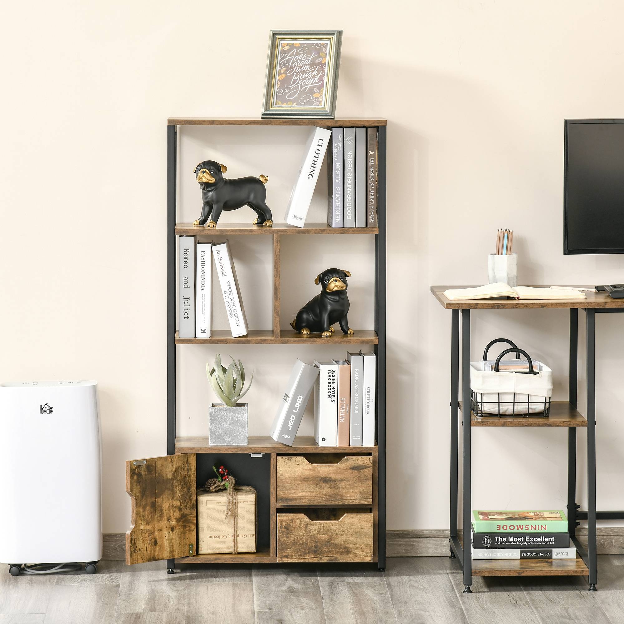 Sans Marque - Bibliothèque de style industriel avec armoire et 2 tiroirs pour livres et rangement, 58 x 24 x 122 cm, marron rustique - Image 9
