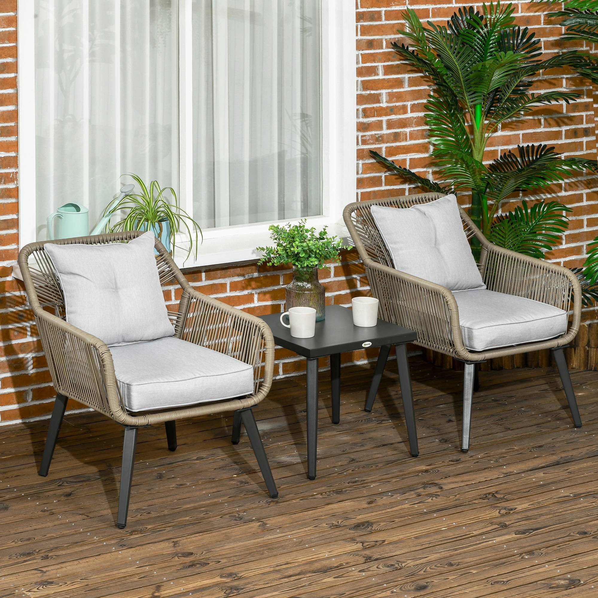 Outsunny - Ensemble bistro de jardin 2 places 3 pièces style contemporain acier époxy noir résine filaire gris clair - Outsunny - Image 2