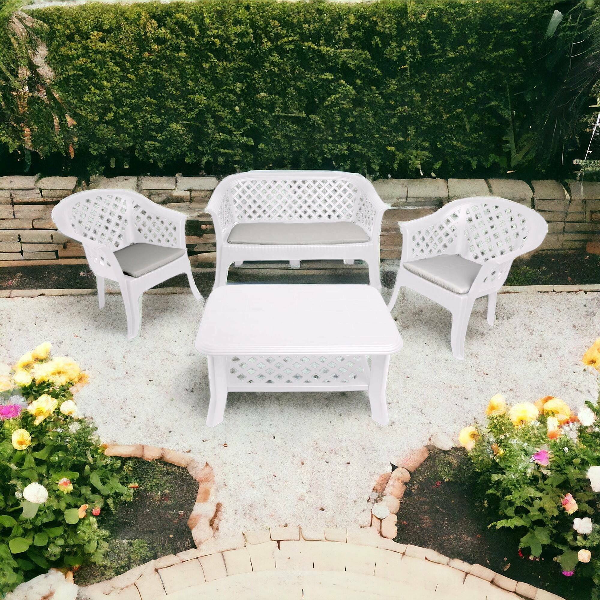 Dmora - Salon d'extérieur Brescia, Composition de jardin avec 2 fauteuils, 1 banc et 1 table basse, Salon intérieur et extérieur, Blanc - Dmora - Image 2