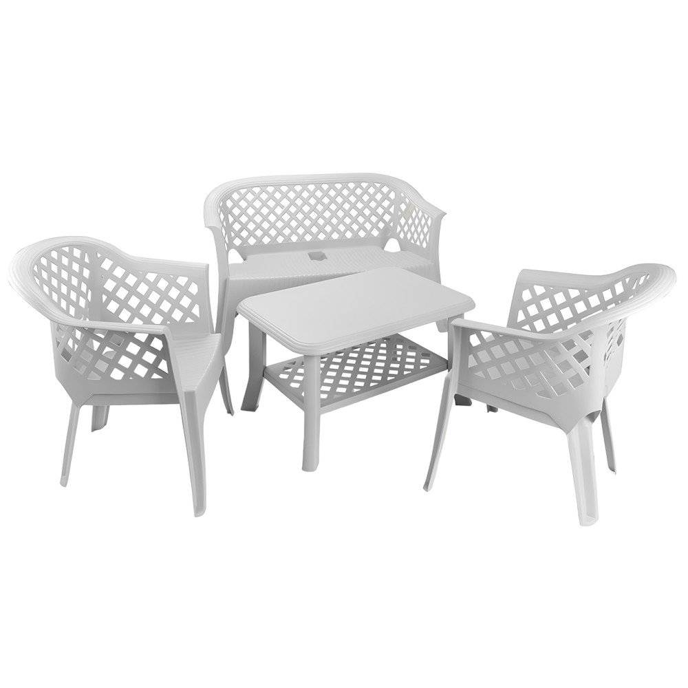 Dmora - Salon d'extérieur Brescia, Composition de jardin avec 2 fauteuils, 1 banc et 1 table basse, Salon intérieur et extérieur, Blanc - Dmora - Image 1