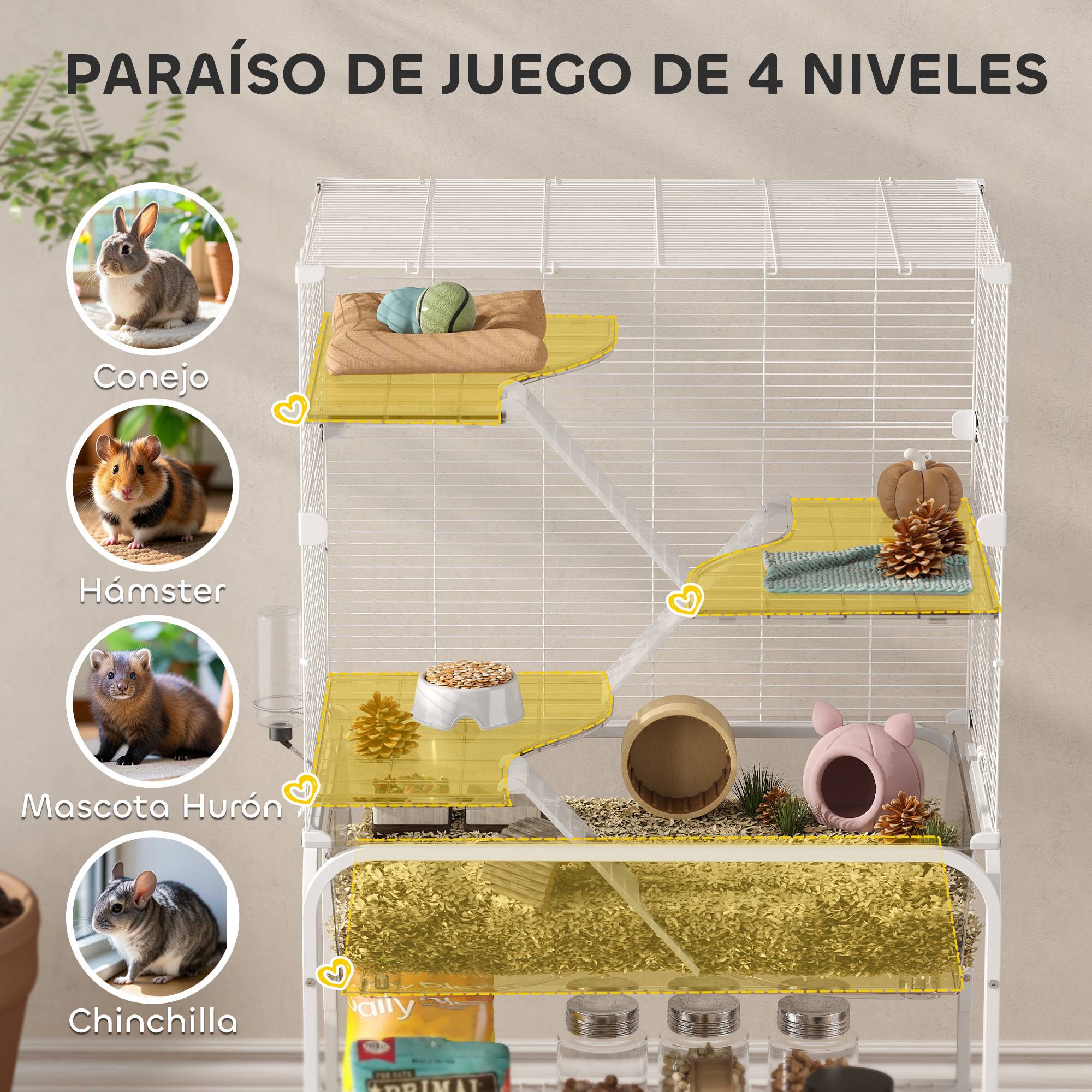 Cage rongeurs Acier PET Furets chinchillas Multiniveau base profonde 73x47x123cm Blanc - ComfortXL Outdoor Living - Image 6