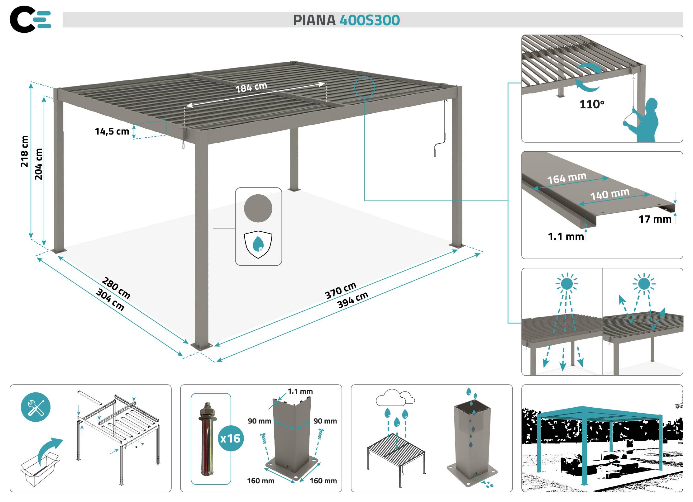 CAZEBOO - Cazeboo Pergola bioclimatique autoportée PIANA 4x3 m aluminium taupe - Lames orientables - Image 2