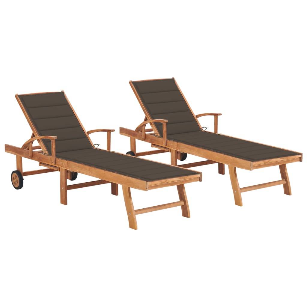 Helloshop26 - Lot de 2 transats chaise longue bain de soleil lit de jardin terrasse meuble d'extérieur avec coussin taupe bois de teck solide - Image 1