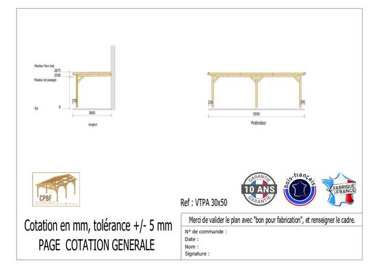 Cpbf Charpentes - Carport adossé toit plat 300cmx500cm, bois DOUGLAS Français (Charpente en bois-auvent-abri voiture) 18 m². Garantie 10 ans - Image 2