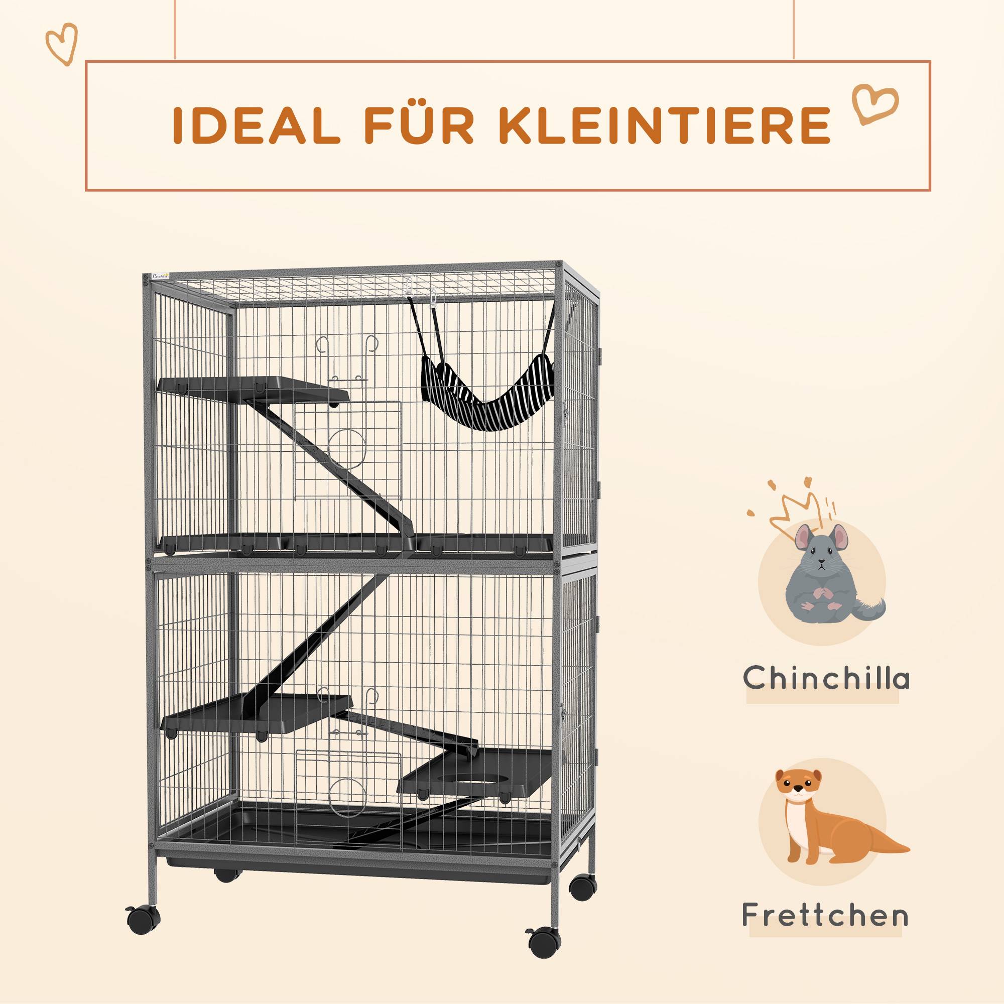 Cage rongeurs acier furet chinchilla 4 niveaux sur roulettes 80x52x128cm gris - ComfortXL Outdoor Living - Image 4