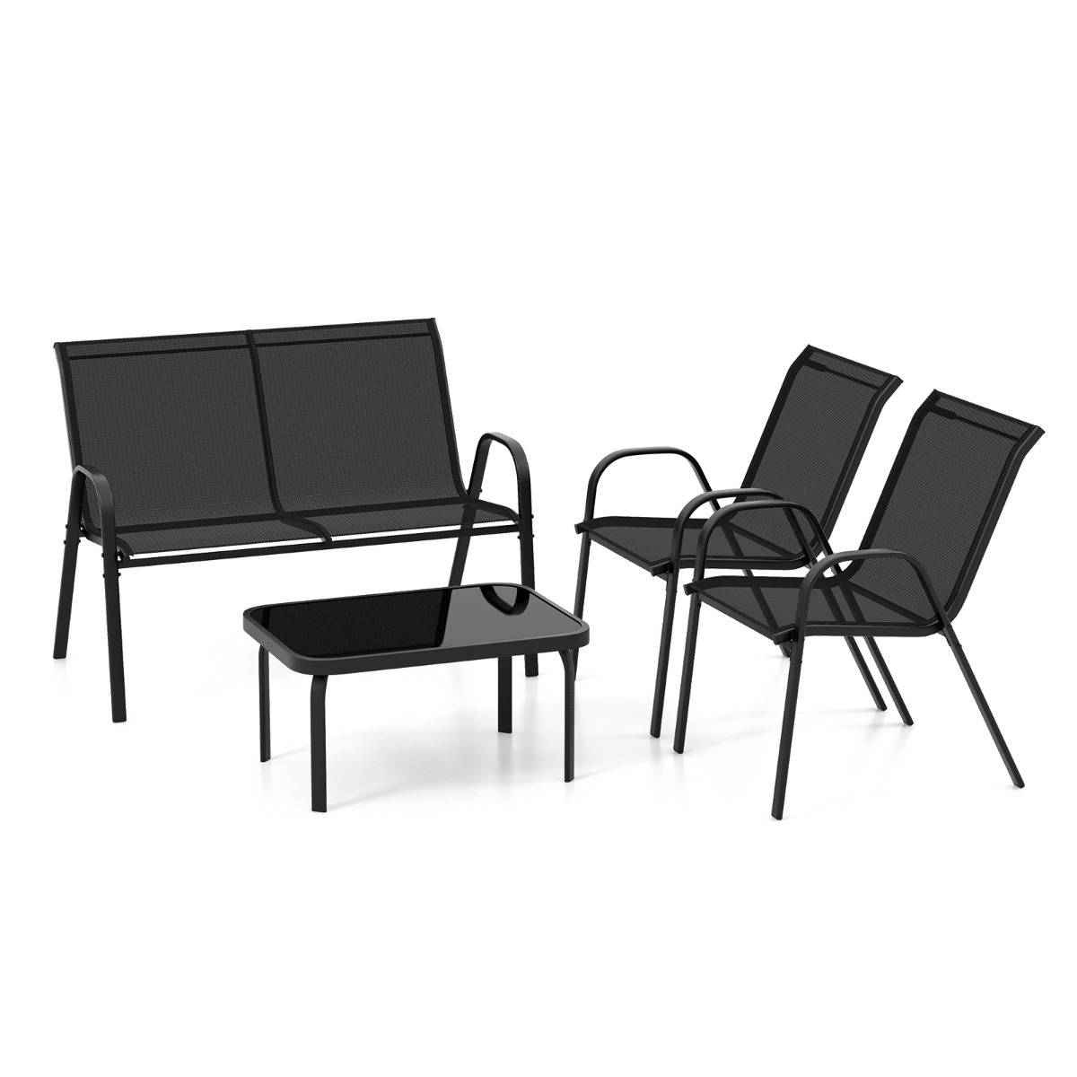 Ensemble Salon de Jardin 4 Pièces 2 Fauteuils 1 Canapé 1 Table Basse en Verre pour Terrasse Piscine Patio Balcon Gris - Image 5