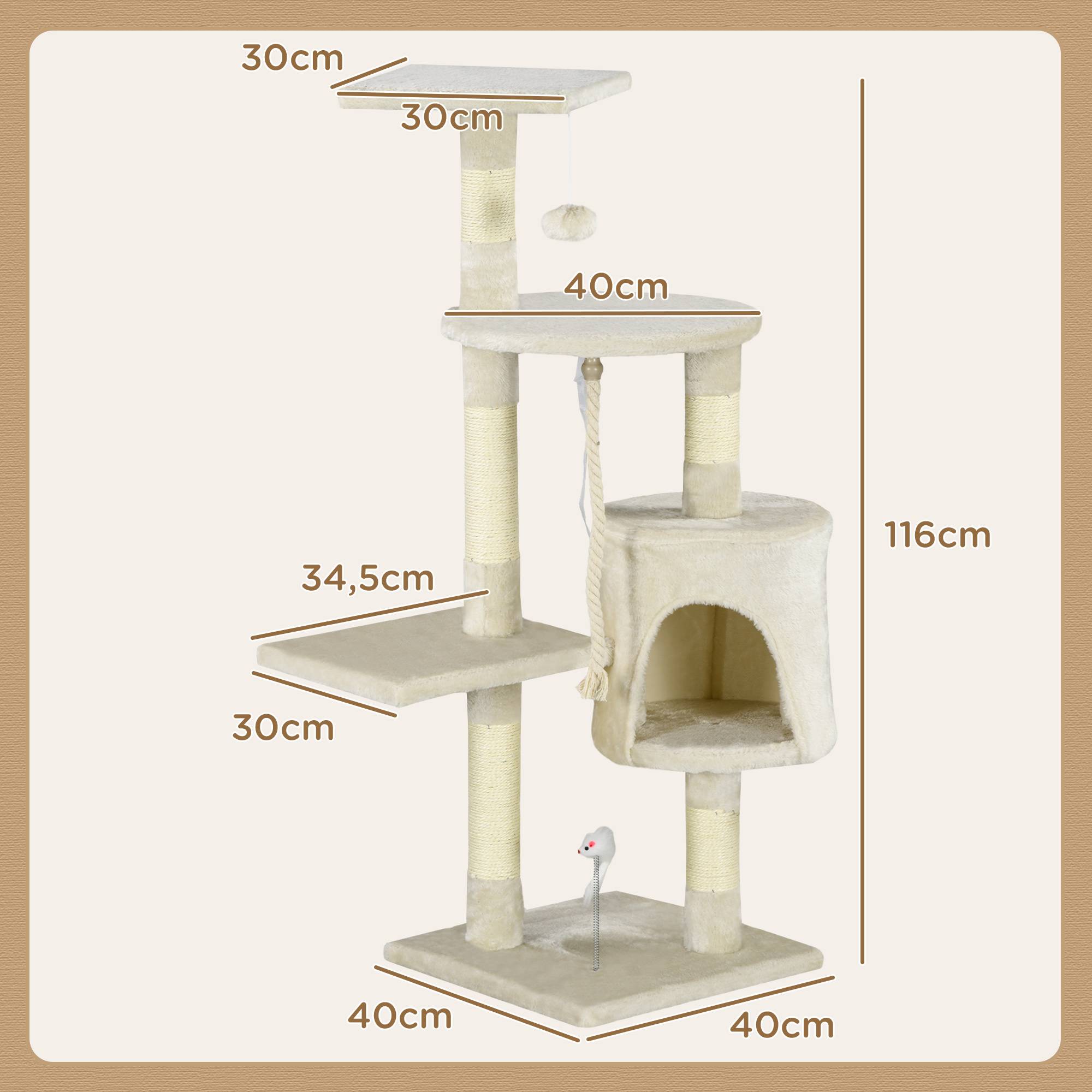 Arbre à chat beige H116 cm, poteaux sisal, grotte, plateformes, jouets suspendus, espace de jeu complet - Image 5