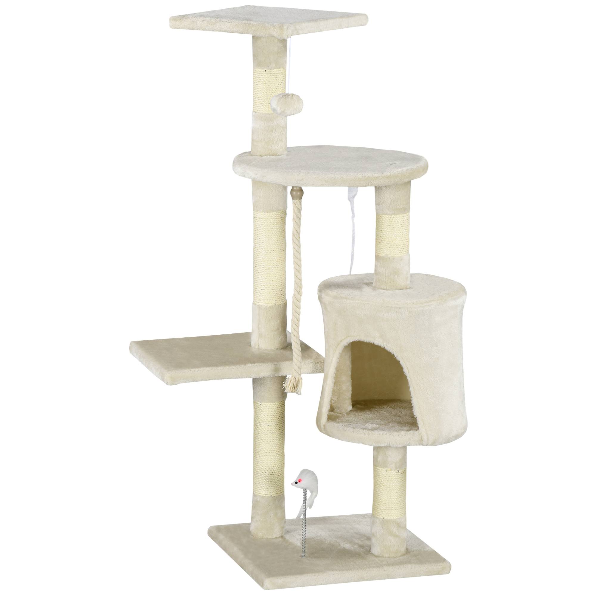 Arbre à chat beige H116 cm, poteaux sisal, grotte, plateformes, jouets suspendus, espace de jeu complet - Image 2