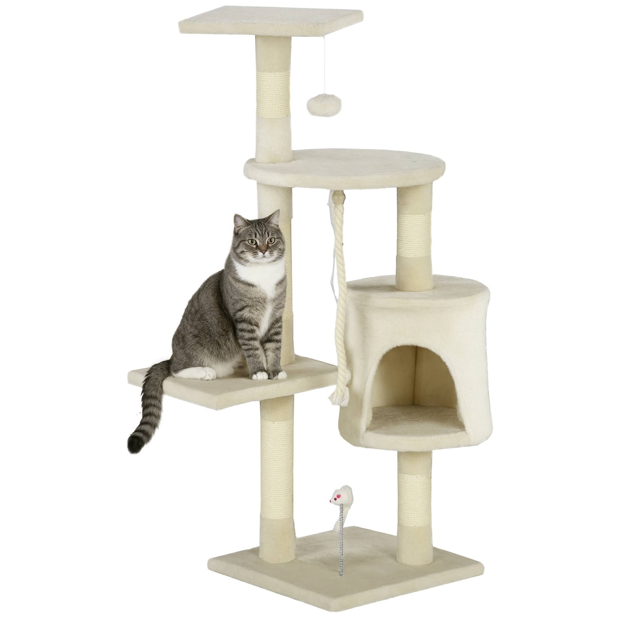 Arbre à chat beige H116 cm, poteaux sisal, grotte, plateformes, jouets suspendus, espace de jeu complet - Image 1