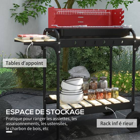 Barbecue à charbon chariot métal jardin cuisson réglable 3 étagères rouge 103 cm - ComfortXL Outdoor Living - Image 8