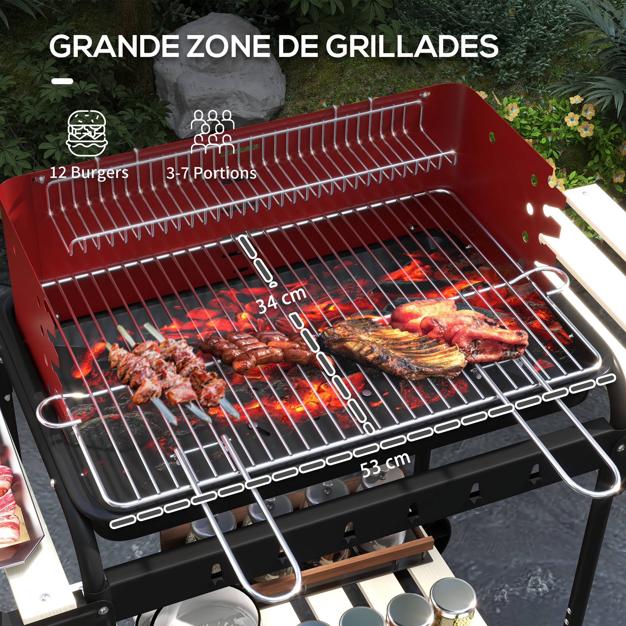 Barbecue à charbon chariot métal jardin cuisson réglable 3 étagères rouge 103 cm - ComfortXL Outdoor Living - Image 6