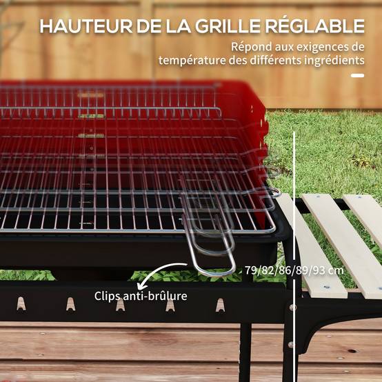 Barbecue à charbon chariot métal jardin cuisson réglable 3 étagères rouge 103 cm - ComfortXL Outdoor Living - Image 7