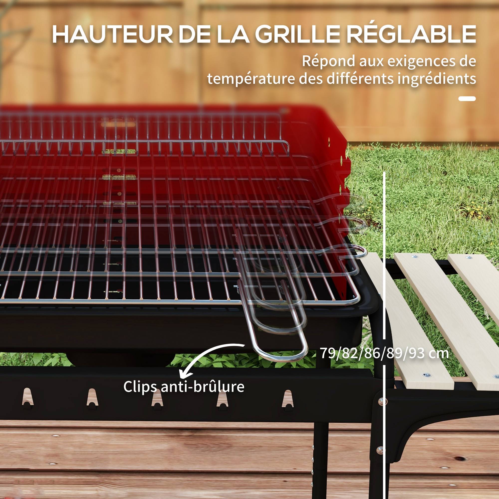 Barbecue à charbon chariot métal jardin cuisson réglable 3 étagères rouge 103 cm - ComfortXL Outdoor Living - Image 7