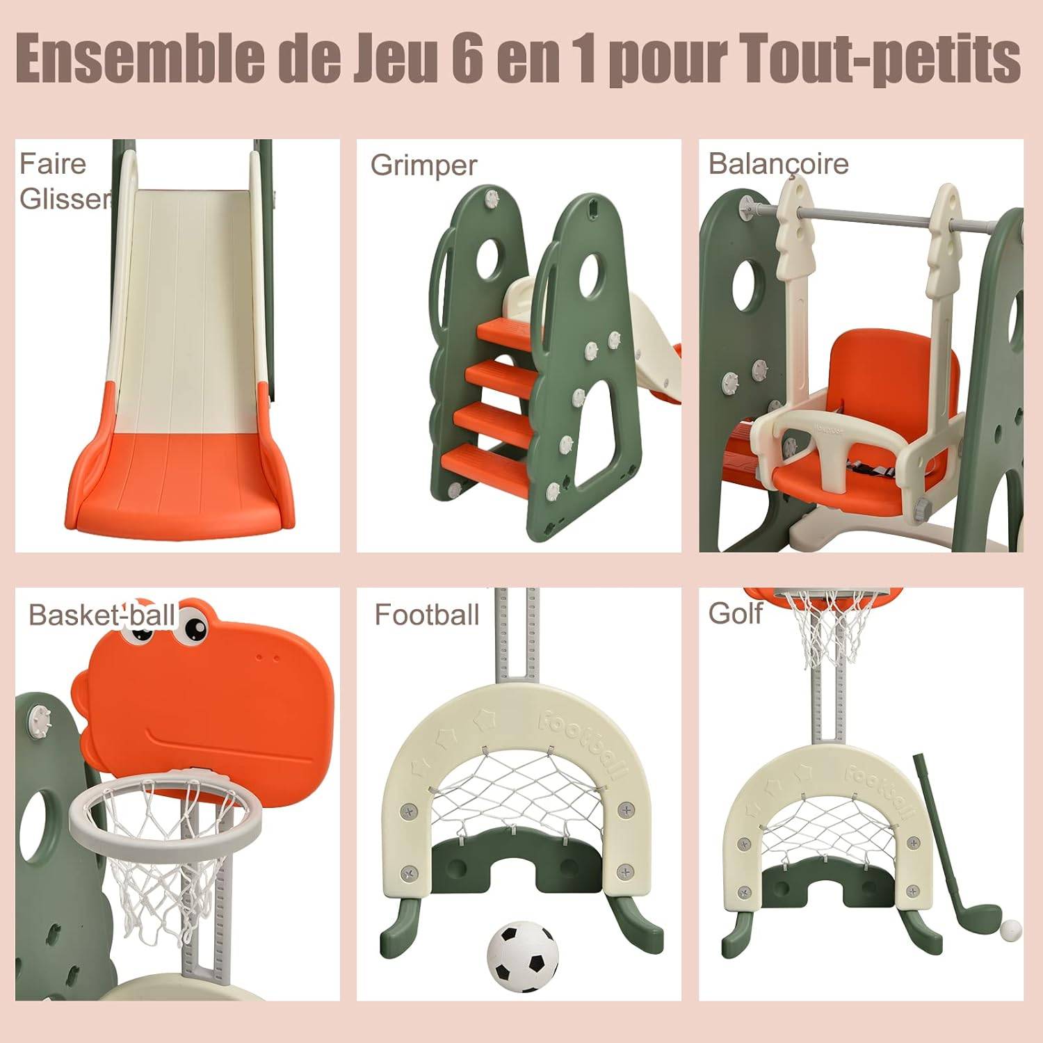 Ensemble Toboggan Balançoire 6 en 1 HDPE Basket-ball Football Escalade Golf 18 Mois+ Orange+Vert - Image 2