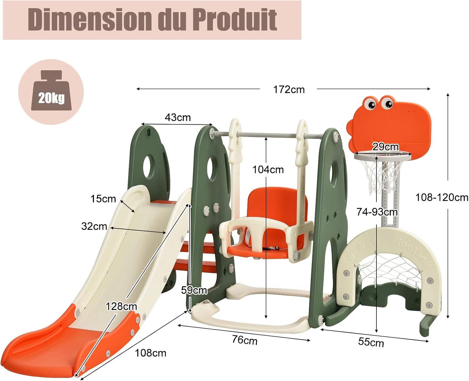 Ensemble Toboggan Balançoire 6 en 1 HDPE Basket-ball Football Escalade Golf 18 Mois+ Orange+Vert - Image 4