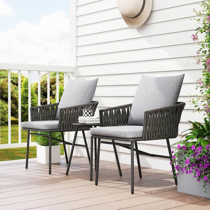 Salon Bistro Résine Tressée Acier Gris 3 Pièces Table et 2 Fauteuils Balcon - ComfortXL Outdoor Living - Image 7