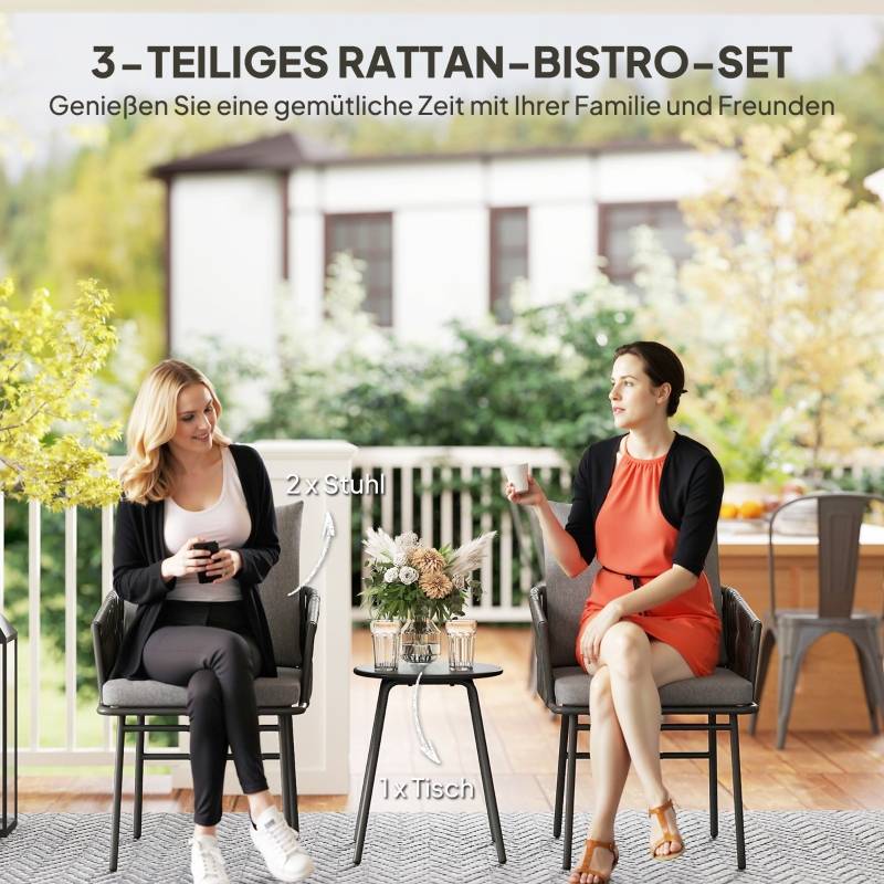 Salon Bistro Résine Tressée Acier Gris 3 Pièces Table et 2 Fauteuils Balcon - ComfortXL Outdoor Living - Image 4