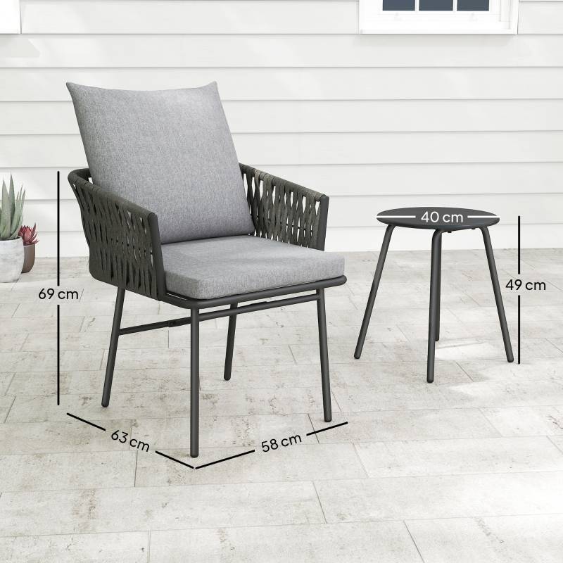 Salon Bistro Résine Tressée Acier Gris 3 Pièces Table et 2 Fauteuils Balcon - ComfortXL Outdoor Living - Image 3