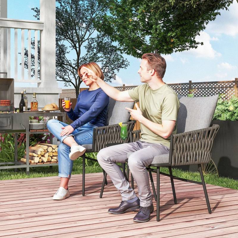 Salon Bistro Résine Tressée Acier Gris 3 Pièces Table et 2 Fauteuils Balcon - ComfortXL Outdoor Living