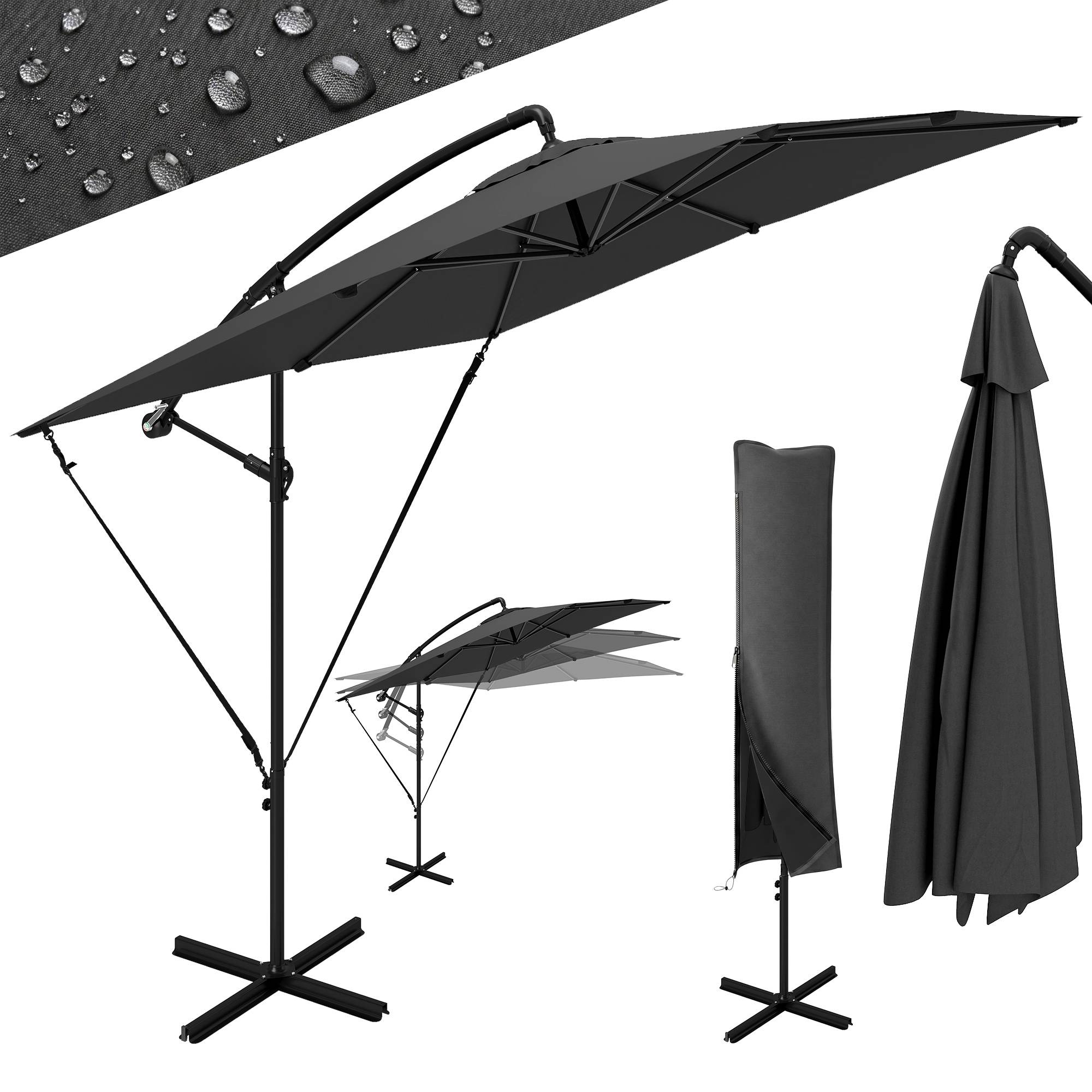 Parasol déporté réglable avec base en croix et manivelle, en acier et polyester, 247 x 247 x 256 cm, gris foncé - Image 1