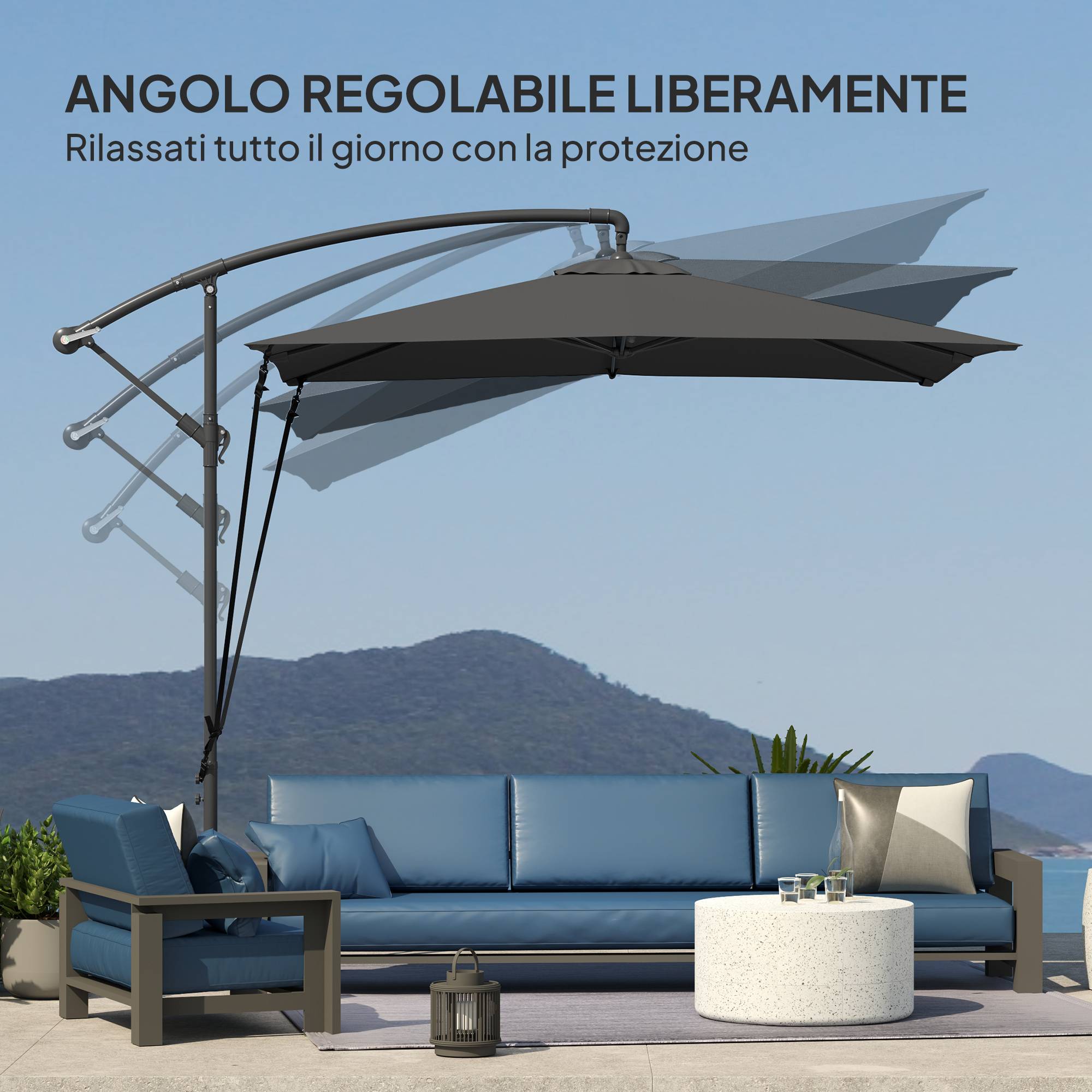Parasol déporté réglable avec base en croix et manivelle, en acier et polyester, 247 x 247 x 256 cm, gris foncé - Image 8