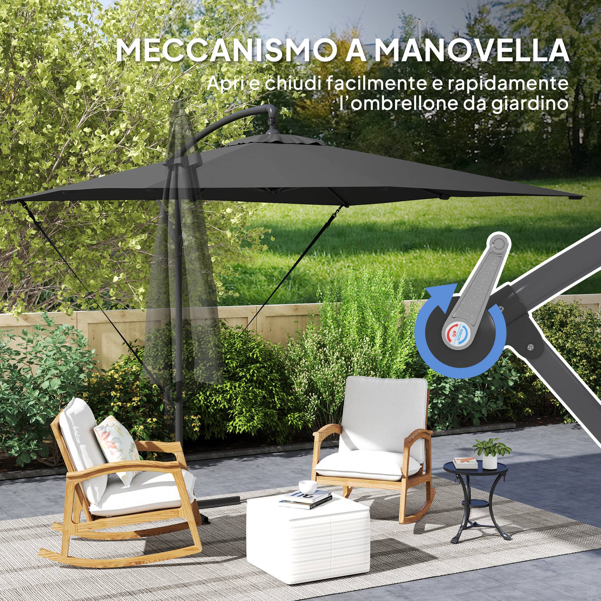 Parasol déporté réglable avec base en croix et manivelle, en acier et polyester, 247 x 247 x 256 cm, gris foncé - Image 9