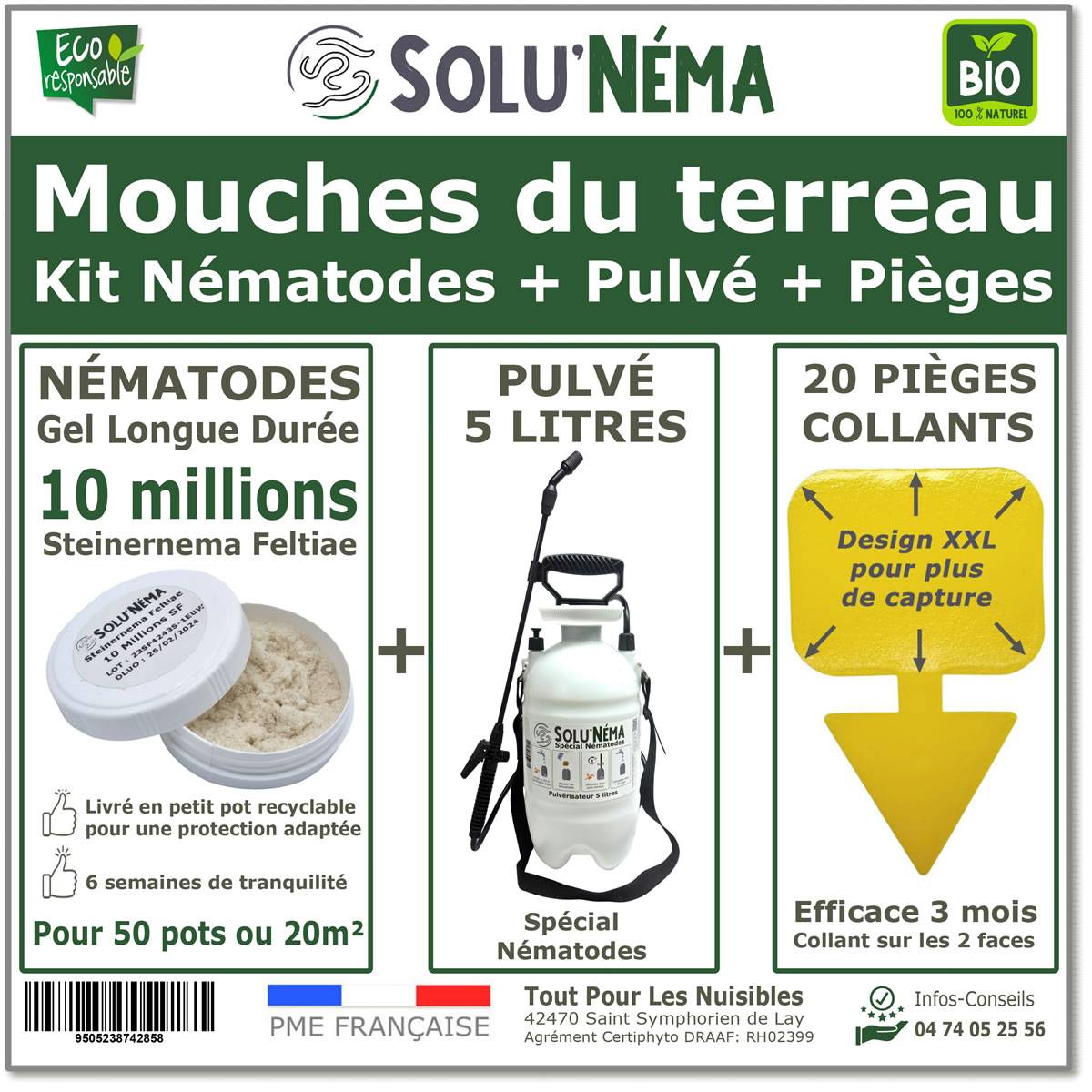 Solu'Néma - Kit Anti-Mouche Terreau-10 Millions Nématodes SF + pulvé 5L+20 Pièges collants XXL - Image 1