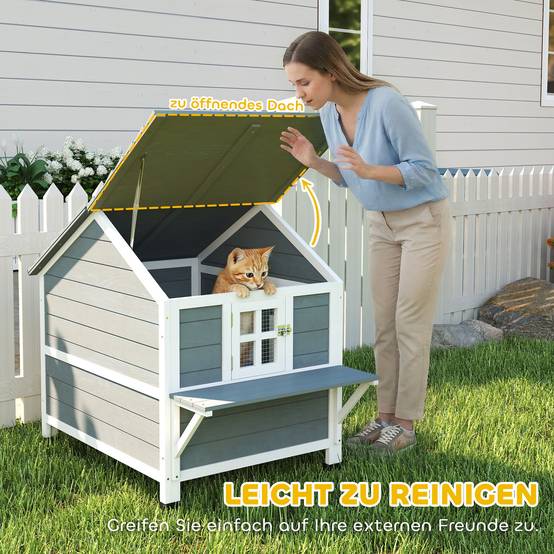 Sans Marque - Niche pour chat en bois, niche à deux étages avec toit à charnières étanche, plateforme latérale, 101 x 72,5 x 81 cm, grise - Image 8