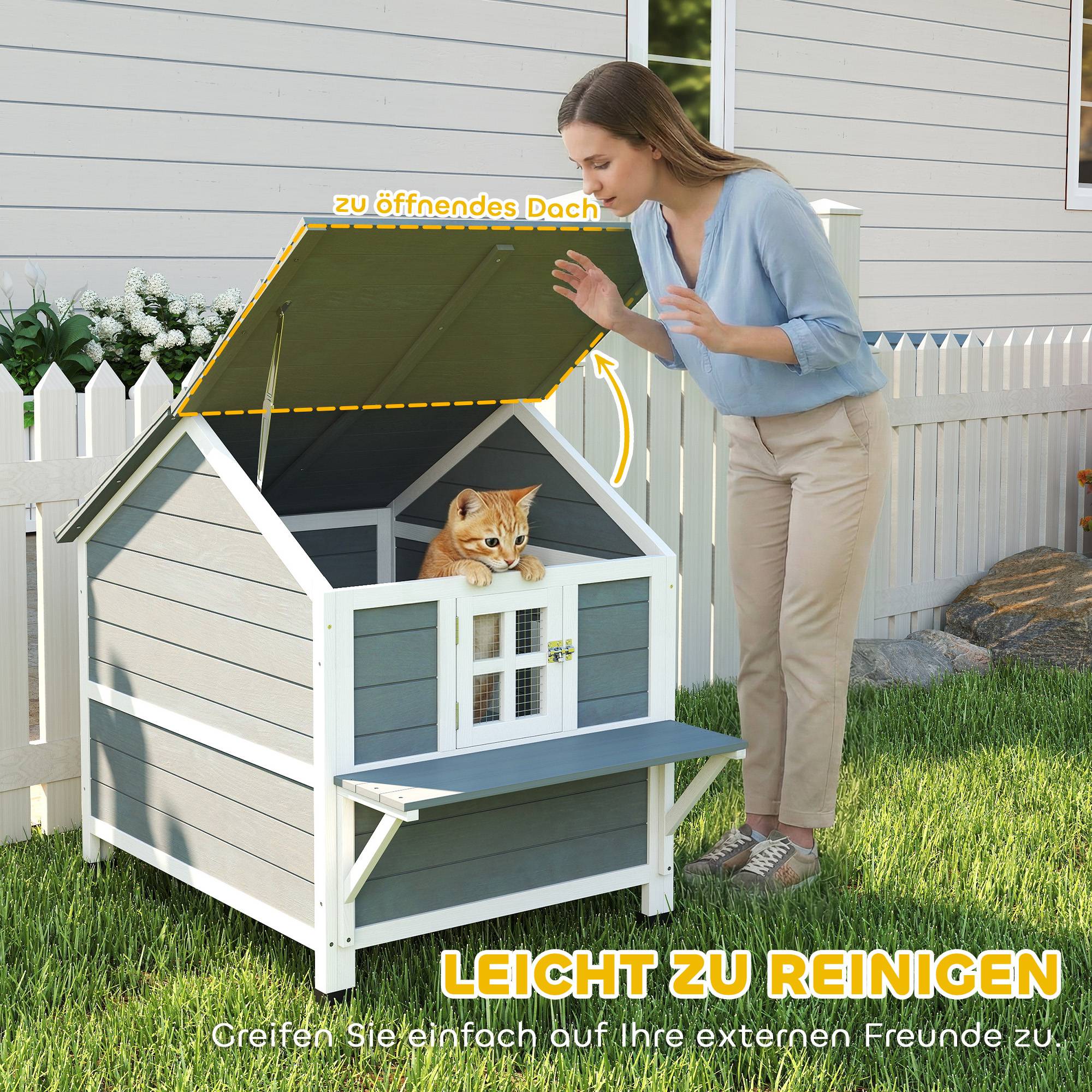 Sans Marque - Niche pour chat en bois, niche à deux étages avec toit à charnières étanche, plateforme latérale, 101 x 72,5 x 81 cm, grise - Image 8