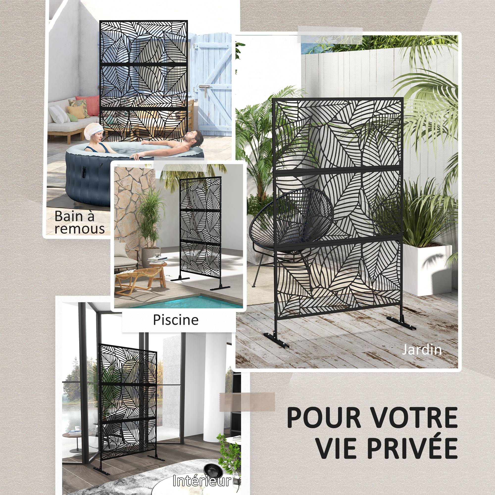 Panneau brise vue décoratif paravent extérieur noir à motif végétal en métal - 122 x 45 x 198 cm, noir - Image 8