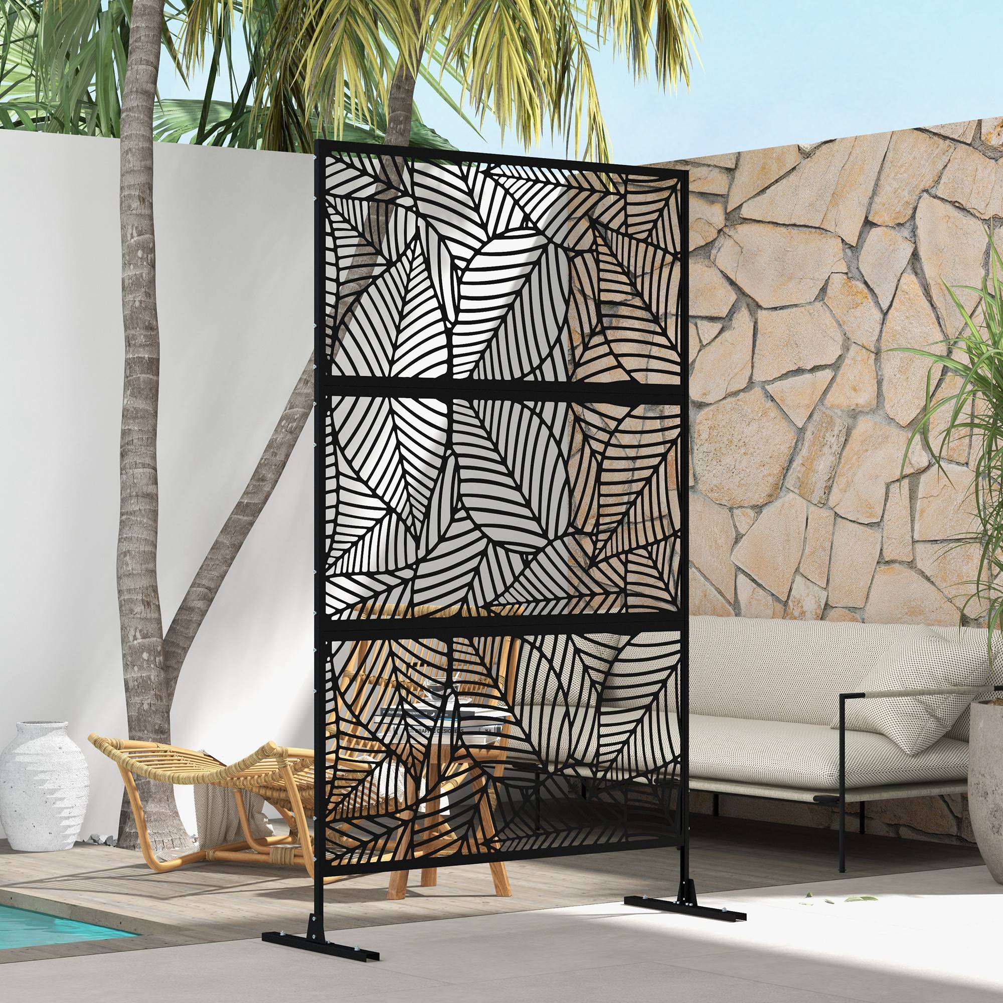Panneau brise vue décoratif paravent extérieur noir à motif végétal en métal - 122 x 45 x 198 cm, noir - Image 9