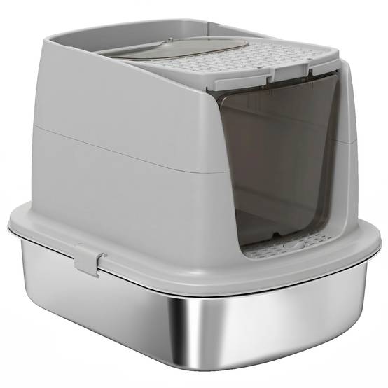 Grand bac à litière pour chat en acier inoxydable avec couvercle à charnière, pelle en métal, sac désodorisant, facile à nettoyer, gris clair - Image 2