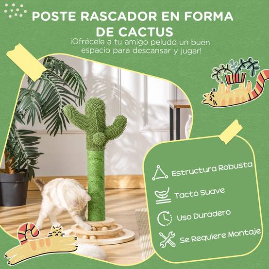 Arbre à chat en forme de cactus, petit modèle avec poteau en sisal, balle suspendue en peluche et base en bois, 32 x 32 x 60 cm, vert - Image 6