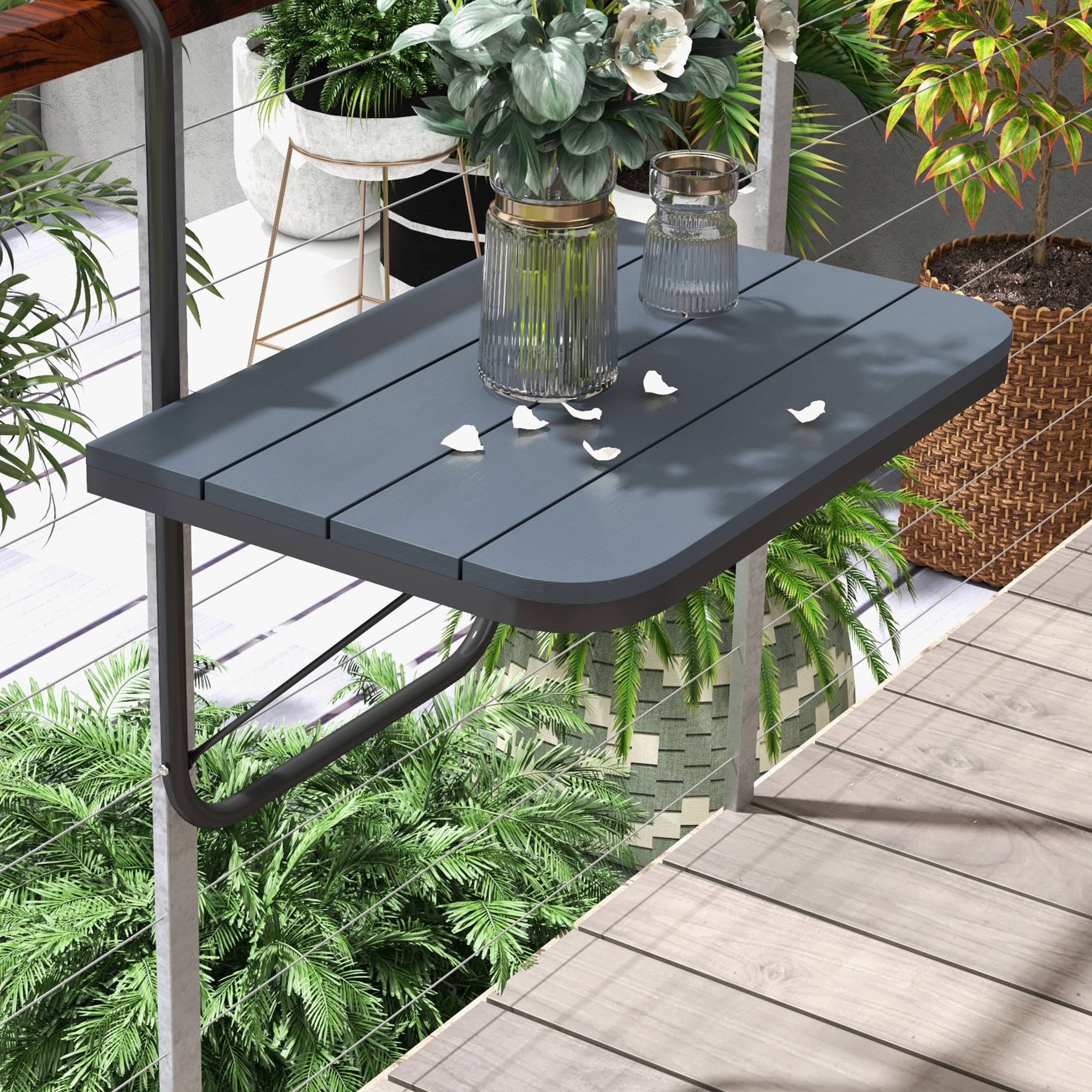 Table suspendue de balcon aluminium plastique noir 60 x 40 x 64 cm - PANGIVO - Image 9