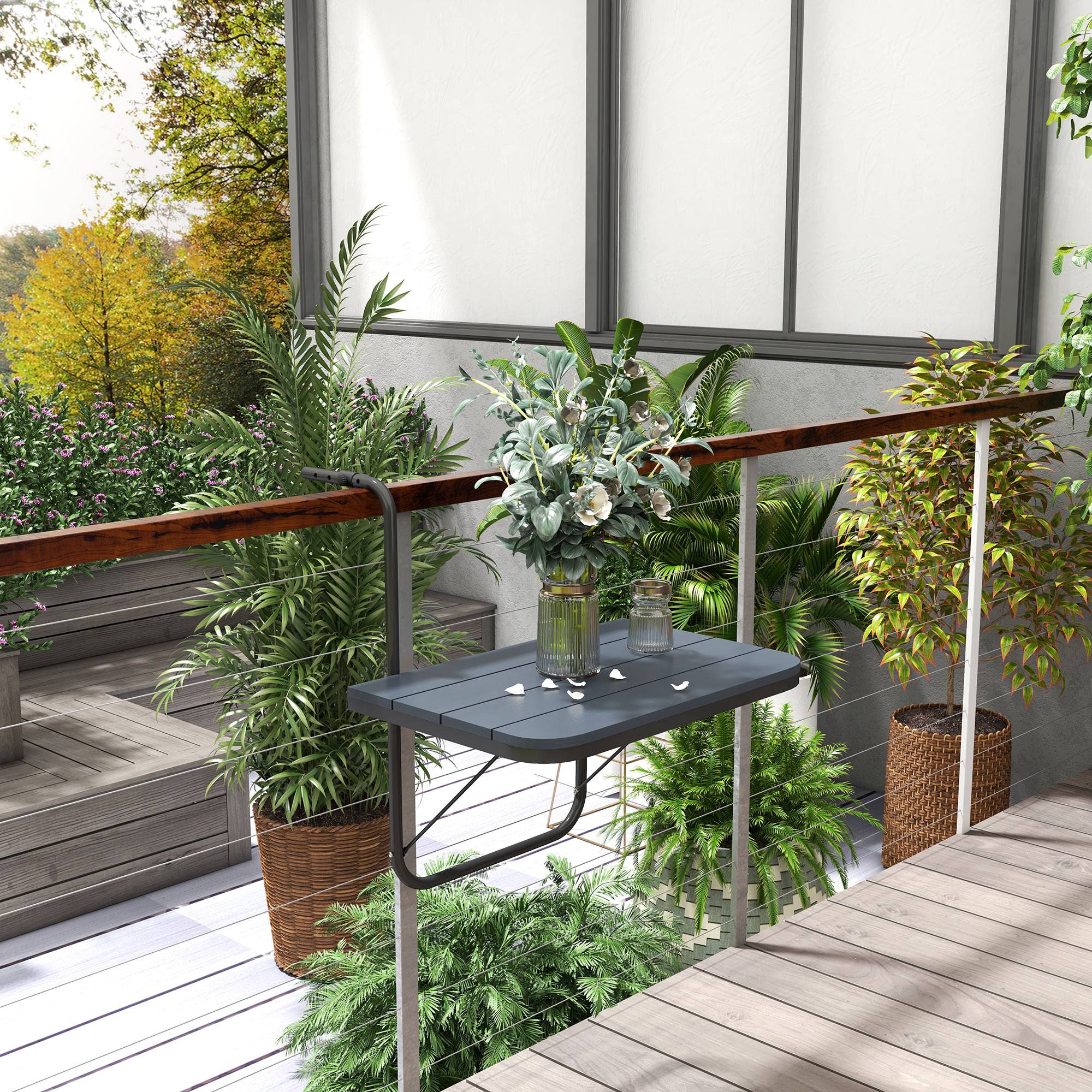 Table suspendue de balcon aluminium plastique noir 60 x 40 x 64 cm - PANGIVO - Image 3