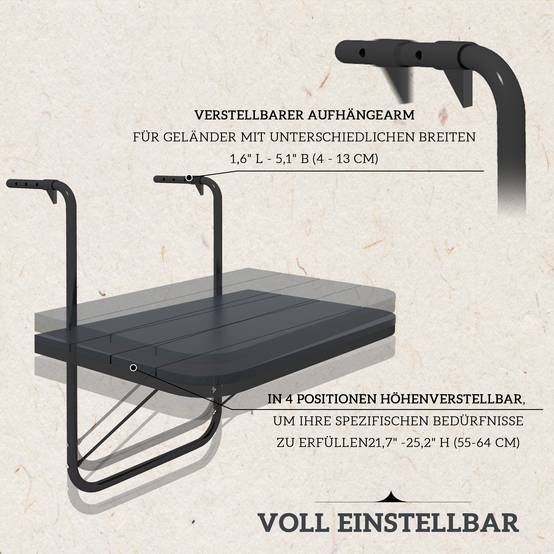 Table suspendue de balcon aluminium plastique noir 60 x 40 x 64 cm - PANGIVO - Image 6