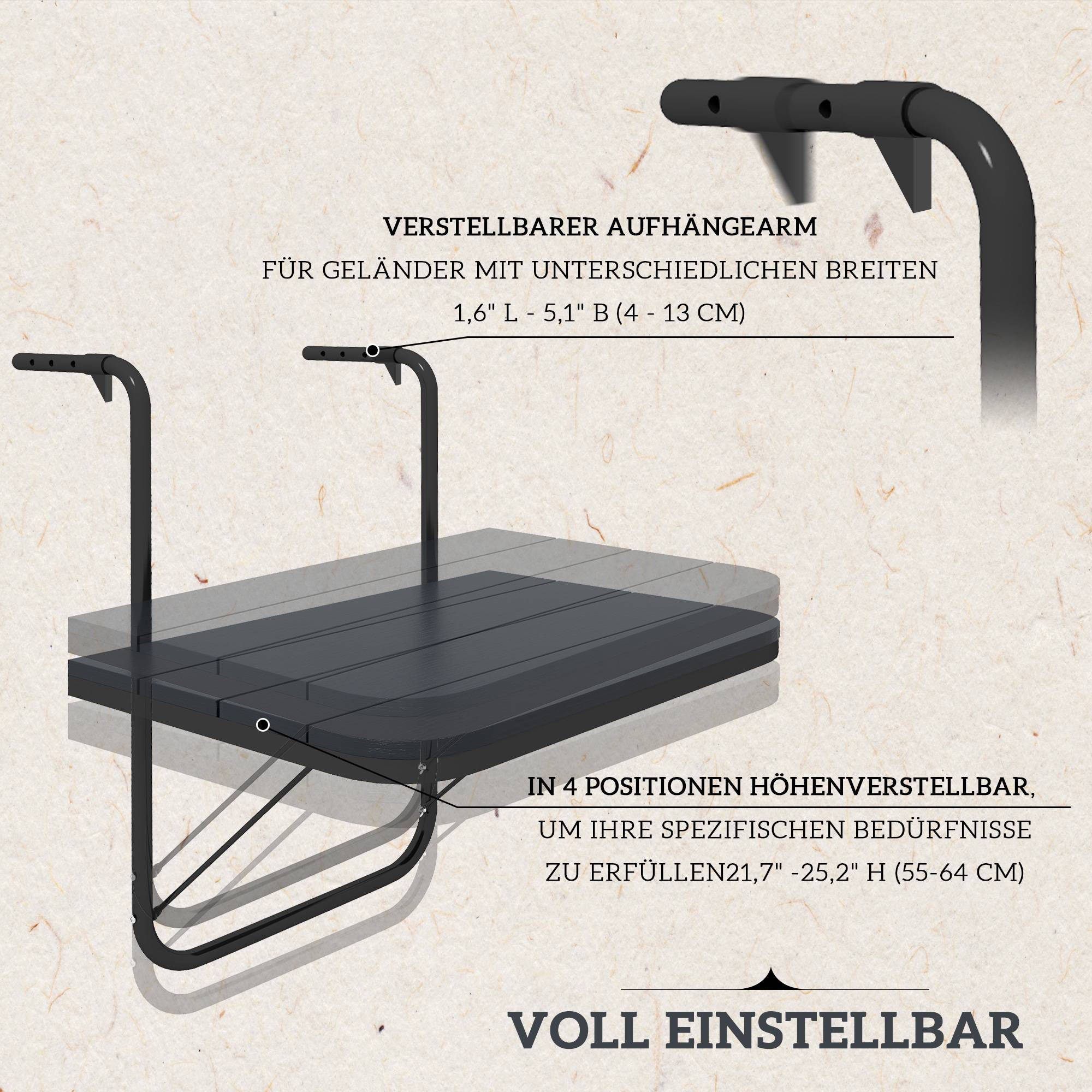 Table suspendue de balcon aluminium plastique noir 60 x 40 x 64 cm - PANGIVO - Image 6