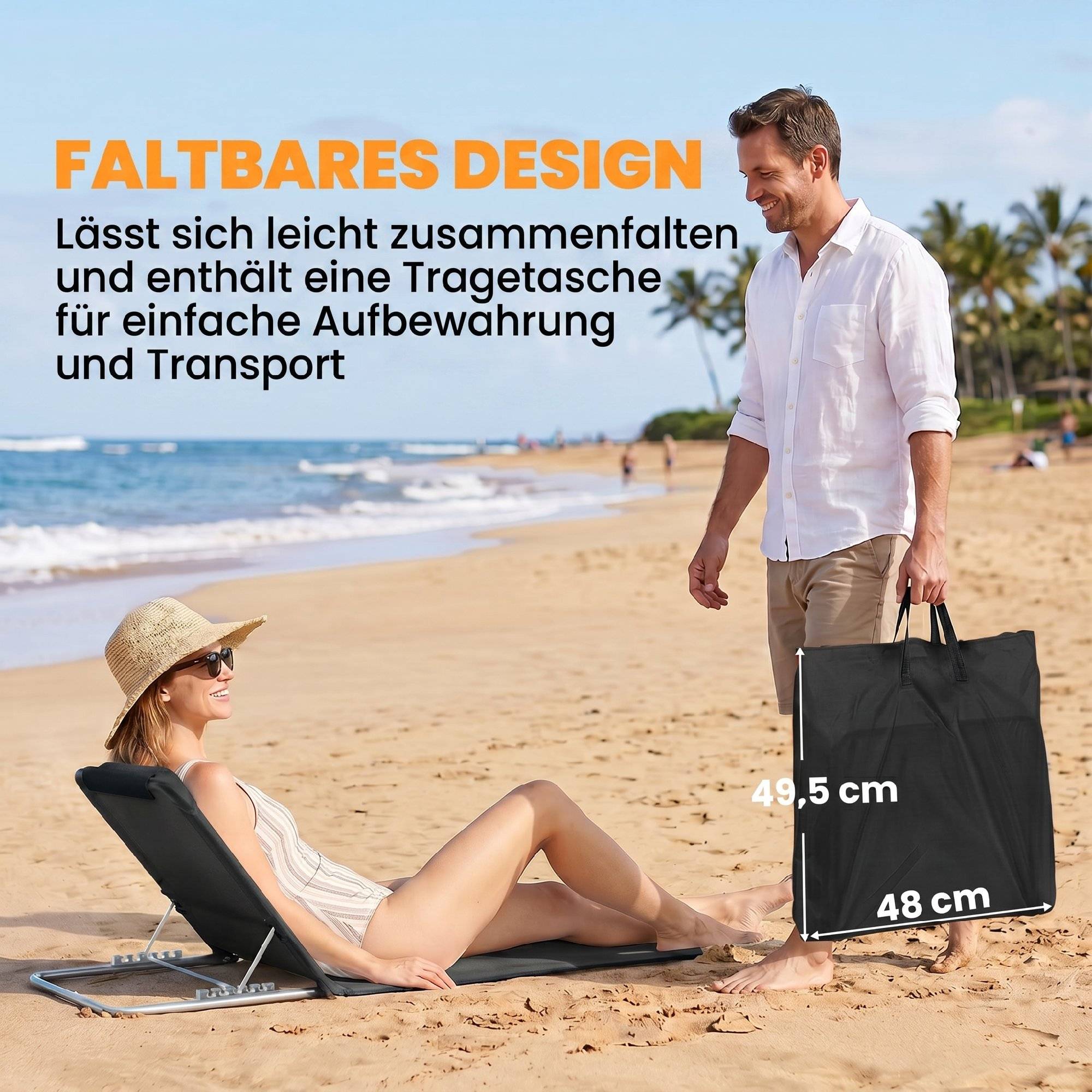 Transat de plage, chaise longue, chaise longue de jardin, pliable, dossier réglable, poche latérale, 48 cm x 134 cm x 33-43 cm, noir - Image 9