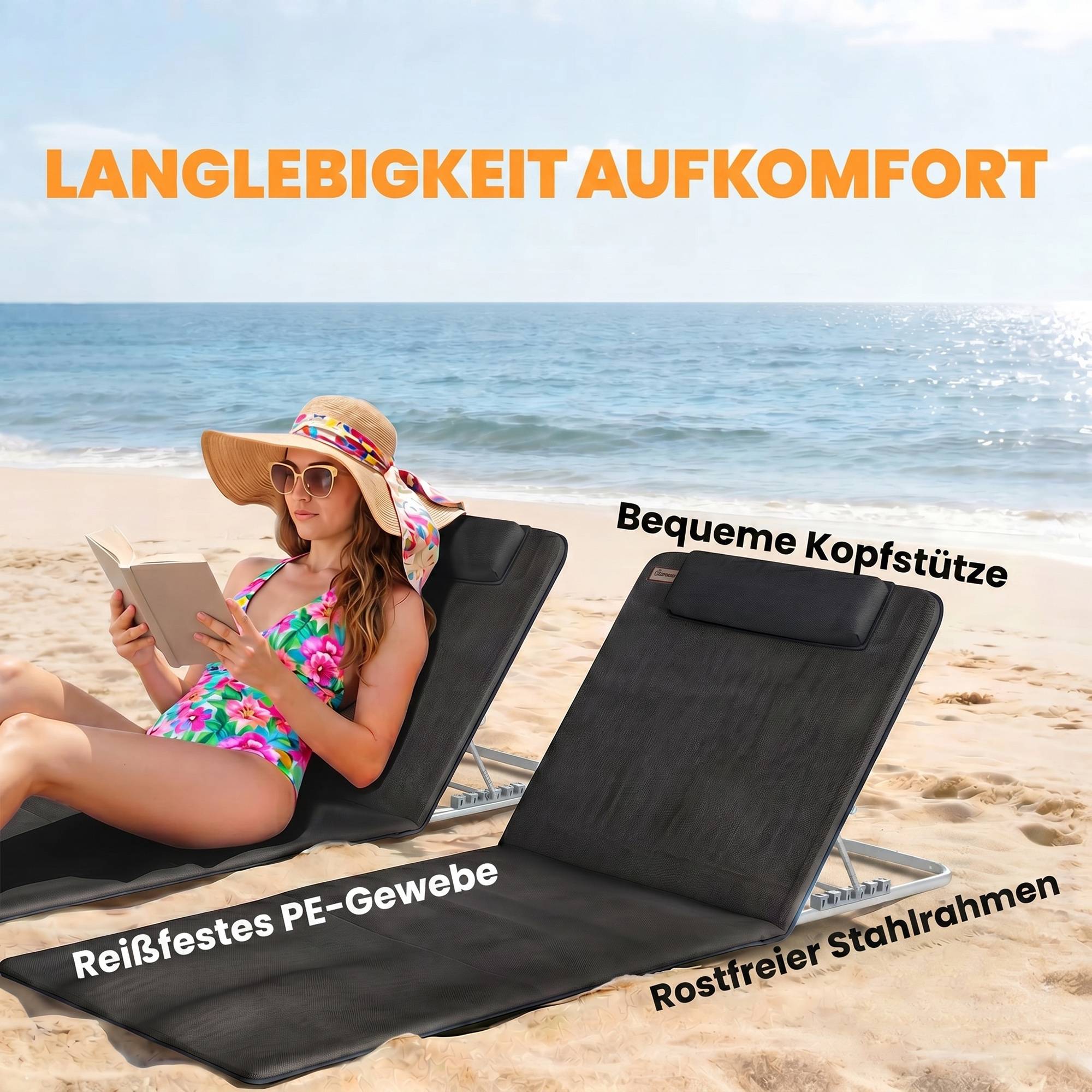 Transat de plage, chaise longue, chaise longue de jardin, pliable, dossier réglable, poche latérale, 48 cm x 134 cm x 33-43 cm, noir - Image 8